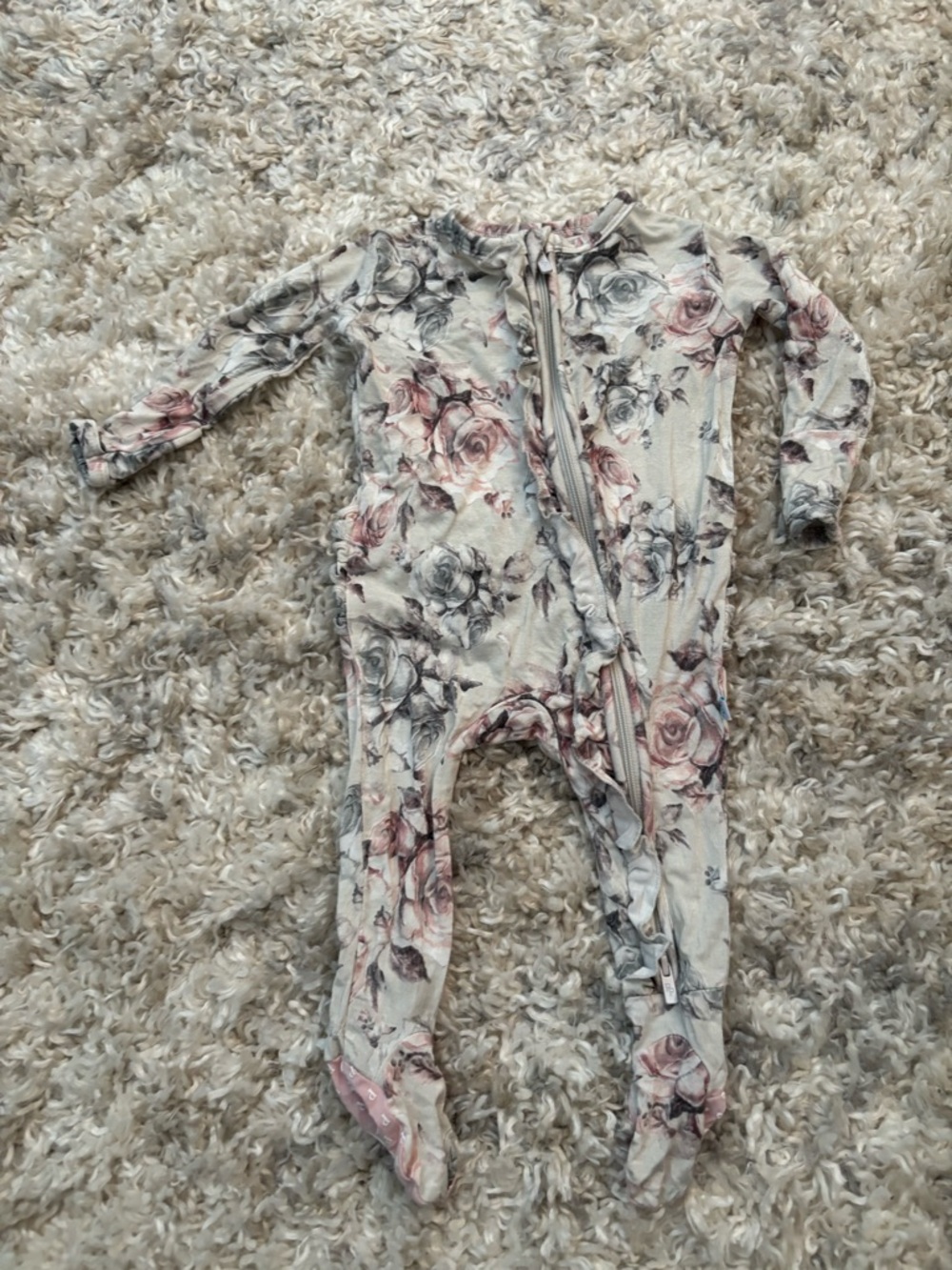 Posh Peanut Light Gray Floral Zip Footed One-Piece with Pink and Gray Roses